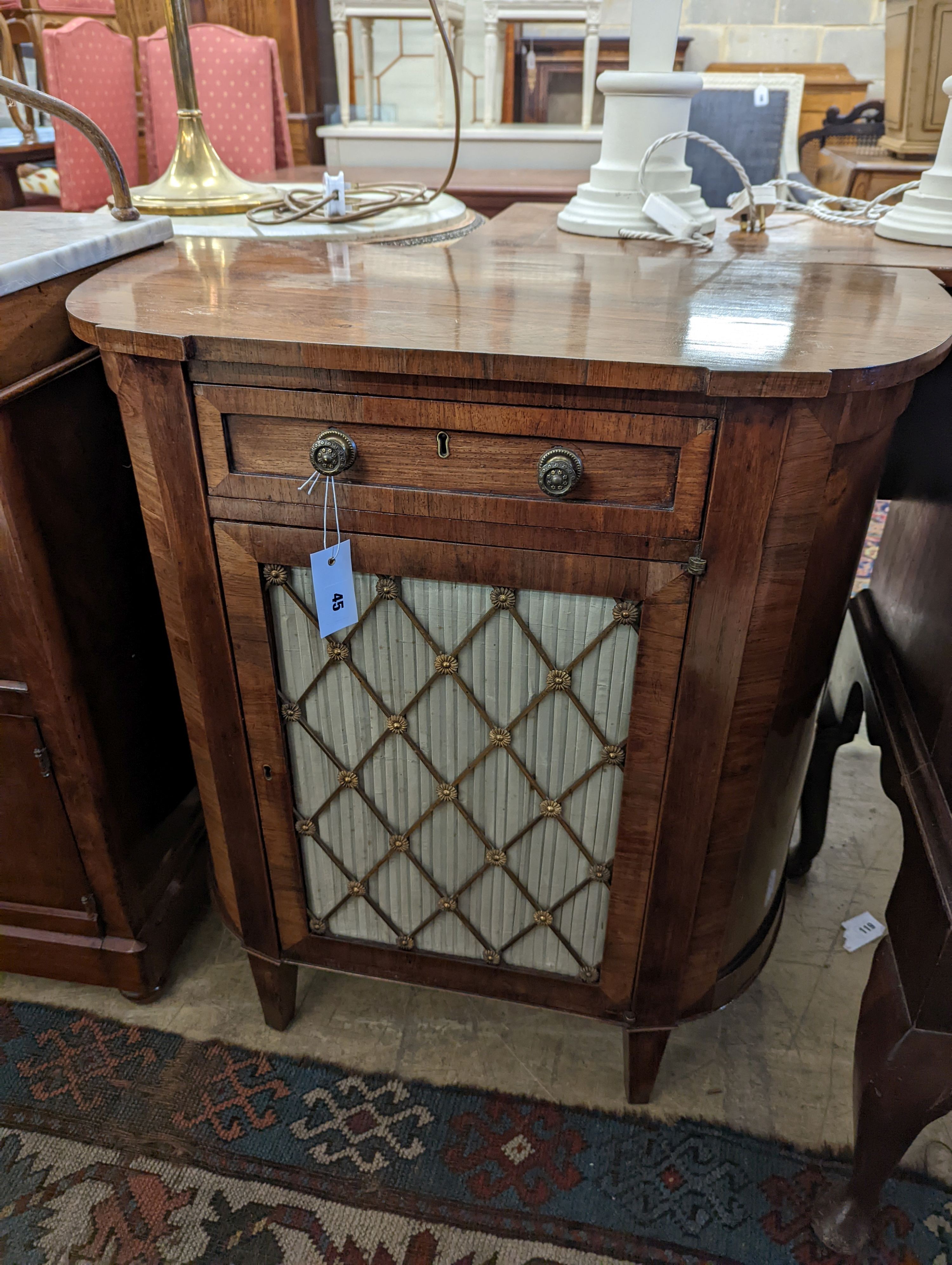 A small Regency style rosewood D shaped side cabinet, width 74cm, depth 41cm, height 77cm